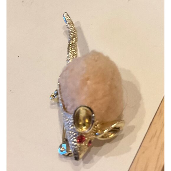 Vintage Mouse Brooch With Faux Fur & Rhinestone Accents - Picture 10 of 12